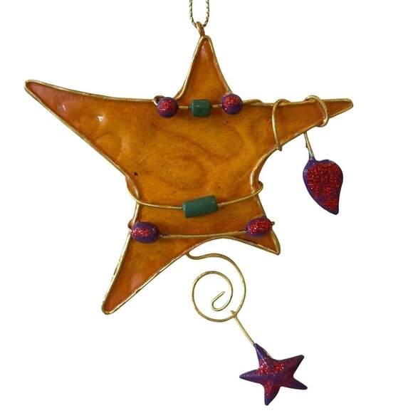 Vintage Star Ornament Gold Red Wire Beads 4in Holiday Decor Christmas Eclectic - Picture 1 of 7